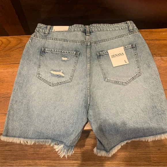Zenana Outfitters Light Blue Distressed Denim Cutoff Shorts - Picture 3 of 3